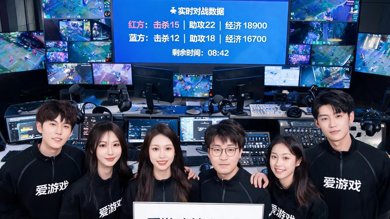 爱游戏核心团队合影，背景为赛事直播控制室，大屏显示实时数据
